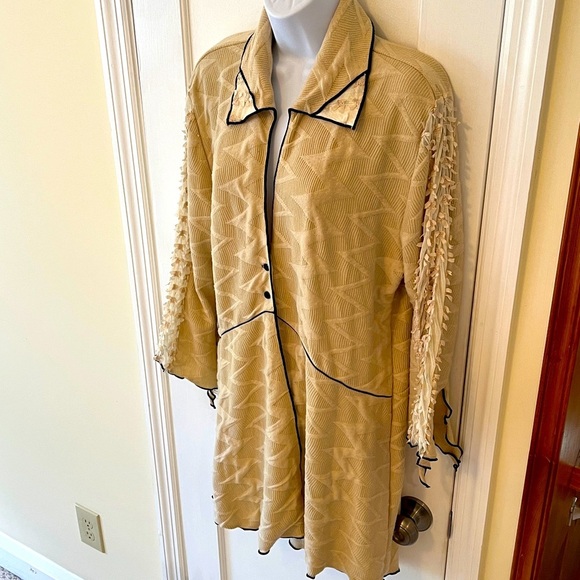 Vintage Textured Jacket Womens Large Light Tan Black Bows Mesh Artsy Lagenlook - Picture 3 of 17